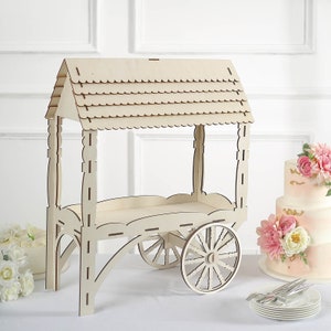 25&quot; Mini Natural Wooden Candy Cart Sweet Stall Display Stand, Wooden Cupcake Stand, Laser Cut Dessert Stand with Wheels For Tabletop Decor