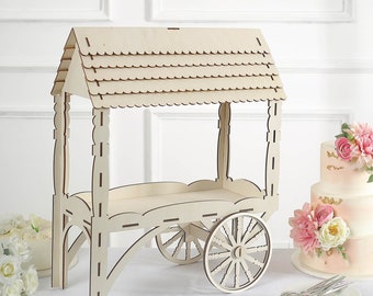 25" Mini Natural Wooden Candy Cart Sweet Stall Display Stand, Wooden Cupcake Stand, Laser Cut Dessert Stand with Wheels For Tabletop Decor