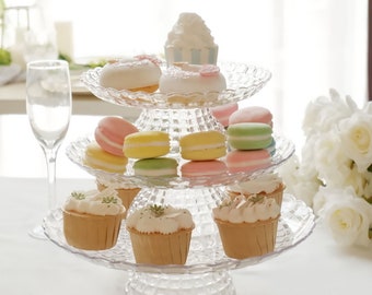 Set of 3 | Clear Contemporary Pressed Plastic Stackable Cupcake Stands, Pedestal Cake Stand, Dessert Pedestal Cake Display - 8", 10", 12"