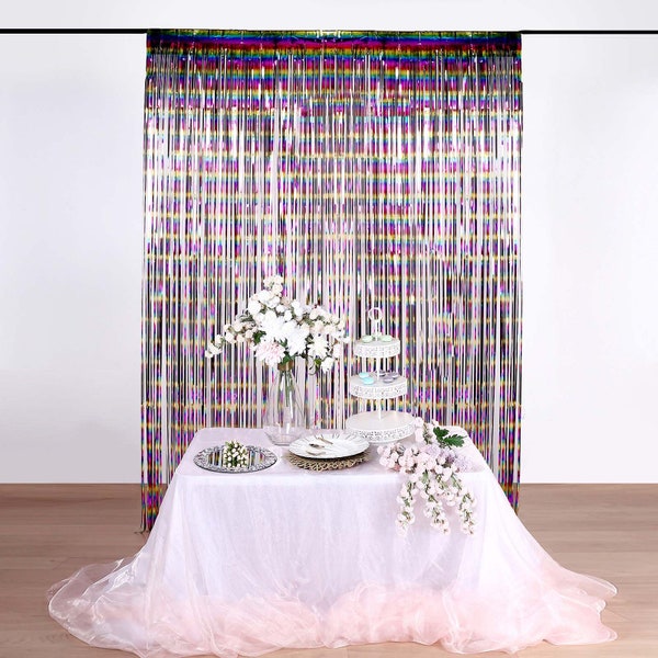 8FT Metallic Tinsel Foil Fringe Curtain, Party Photo Booth Backdrop Wedding Décor Baby Shower - Fiesta Rainbow