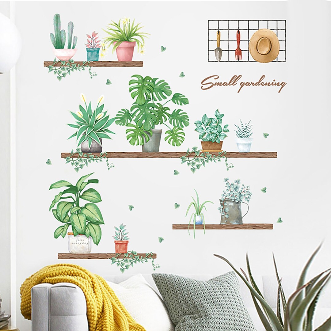 Potted Plants on Shelves Wall Decals, Wall Stickers Tropical Wall Art Decor for Bedroom Living ...