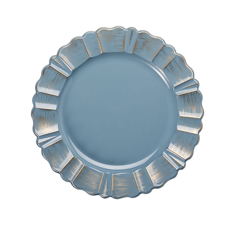 6 Pack 13 Dusty Blue Southwestern Style Plastic Charger Plates With Gold Brushed Waved Scalloped Rim Round image 3