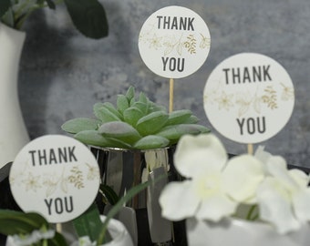 50 Pack | 5.5" Thank You Tag Round Cupcake Toppers, Bamboo Skewers, Decorative Top Cocktail Picks