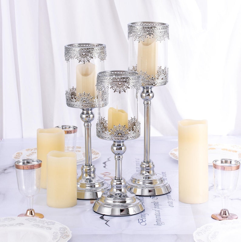 13 Tall Lace Design Silver Hurricane Candle Holder Etsy