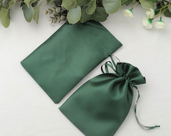 12 | 6”x9” Hunter Emerald Green Satin Favor Bags, Drawstring Pouch, Wedding Party Favor, Gift Bags, Jewelry Bags, Drawstring Bulk Favor Bags