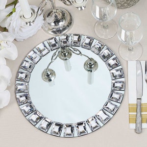 Set of 2 | 13&quot; Silver Jeweled Rim Premium Glass Mirror Charger Plates, Plate Chargers, Round Charger Plates, Dining & Serving, Reception