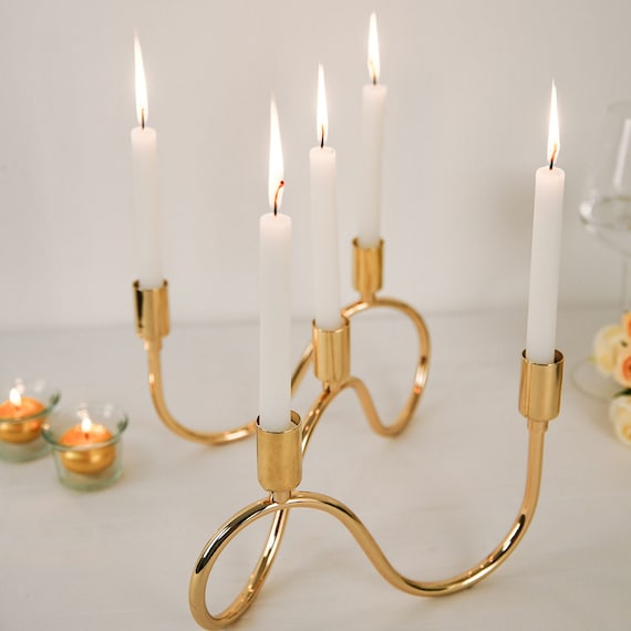 9 5 Arm Wavy Gold Metal Candelabra Candle Holder, Taper Candlestick Holder,  Table Centerpiece Decor, Wedding Reception Candle Light 