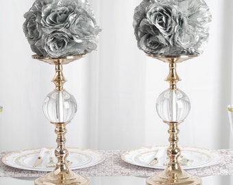 2 Pack | 7" Silver Flower Ball, Rose Kissing Balls, Hanging Pomander, Flower Girl Bouquet, Silk Rose Ball