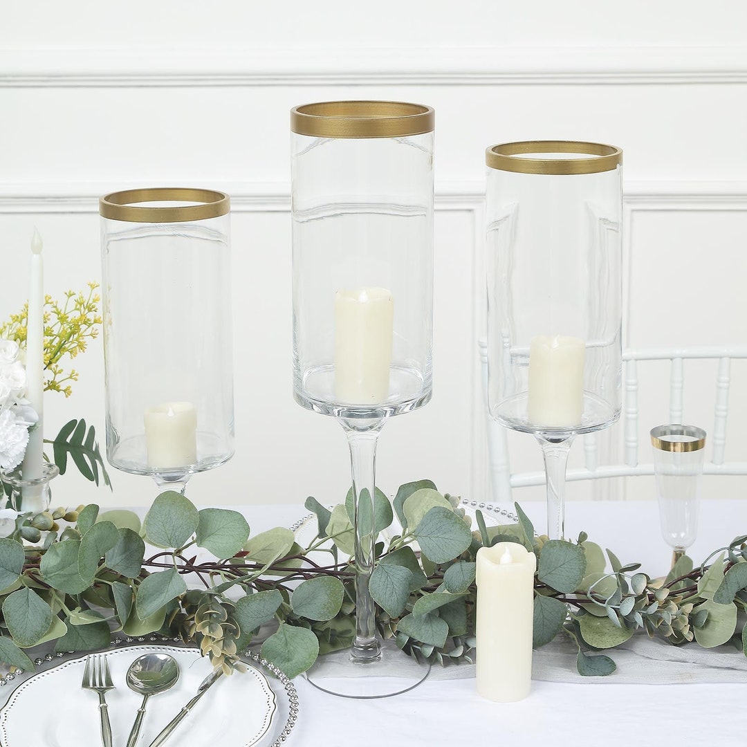 Set of 3 | Clear Gold Rimmed Long Stem Hurricane Glass Candle Holders ...