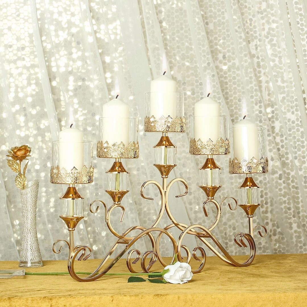 18 Tall 5 Arm Gold Metal Candelabra Centerpiece Crown Top Horizontal