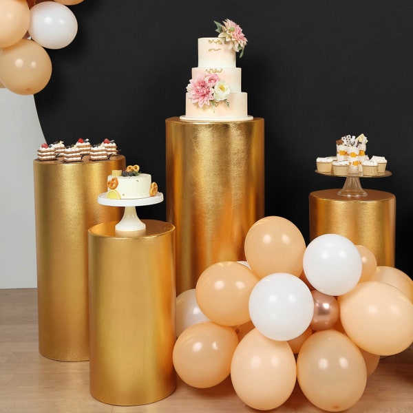 Set of 5 | Metallic Gold Shiny Spandex Cylinder Covers, Plinth Display Box Stand Stretchable Pedestal Pillar Props Wedding Backdrop Covers