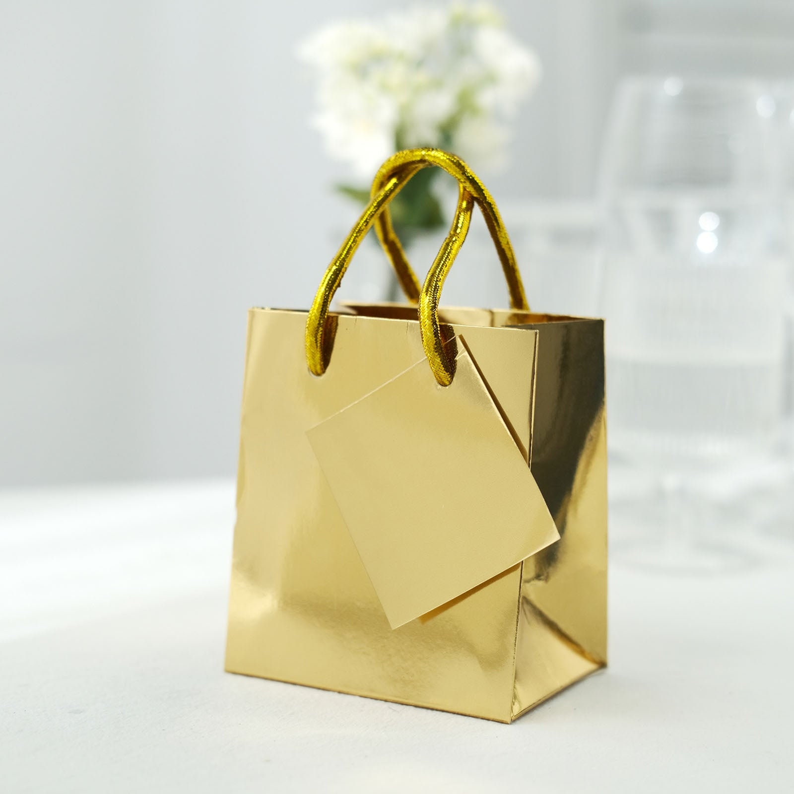 12 Pack 5 Shiny Metallic Gold Foil Paper Bags, Gift Bags With Handles,  Small Party Favor Goodie Bags, Shopping Bags, Wedding Guest Bags 