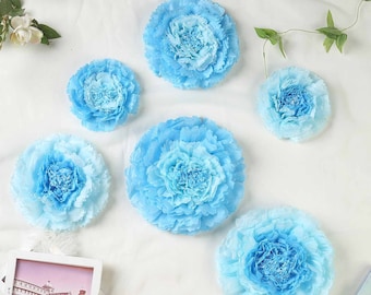 Pack of 6 | Aqua Blue | Multi-size Carnation 3D Giant Paper Flowers | Paper Flower Backdrops Wedding Wall | 7”/9”/11”