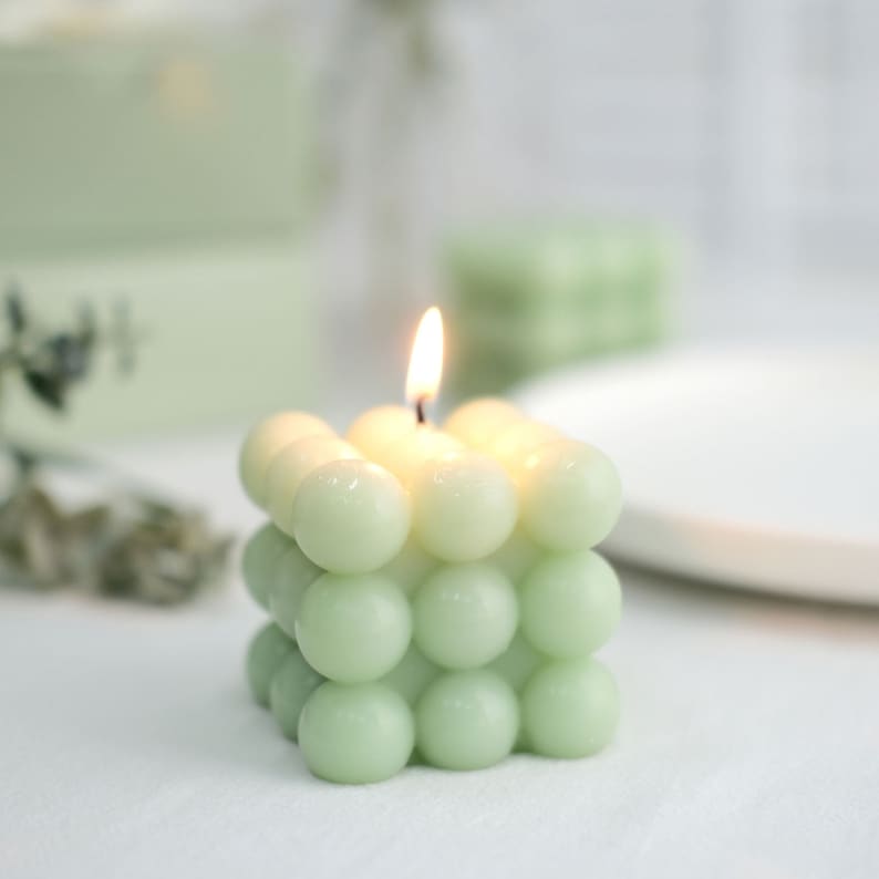 2 Pack | 2" Sage Green Bubble Cube Decorative Paraffin Wax Candle Set, Unscented Long Burning Pillar Candle Gift