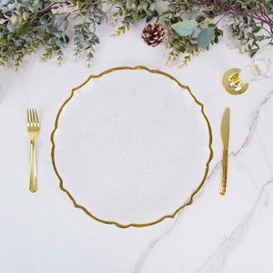 8 Pack | 13&quot; Clear Glass Metallic Gold Scallop Edged Charger Plates, Glass Charger Plates For Parties, Dinner, Serving Table Decor