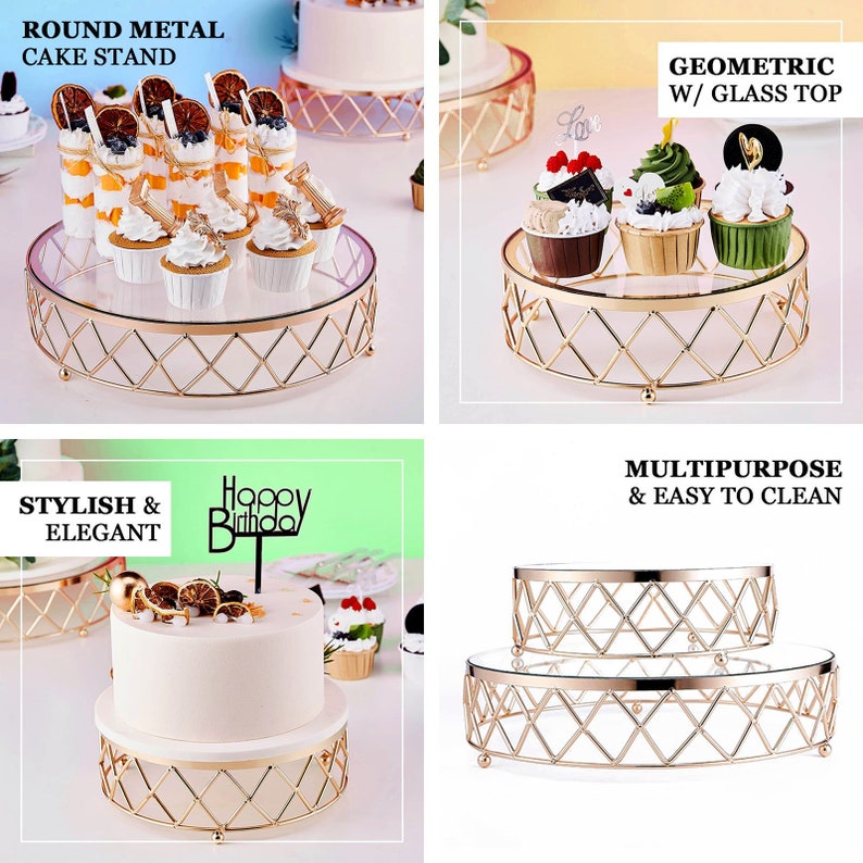 14 Round Gold Metal Geometric Cake Stand Display Riser with Glass Top, Cupcake Stand Holder, Wedding Cake Stand, Metal Cake Stand image 6