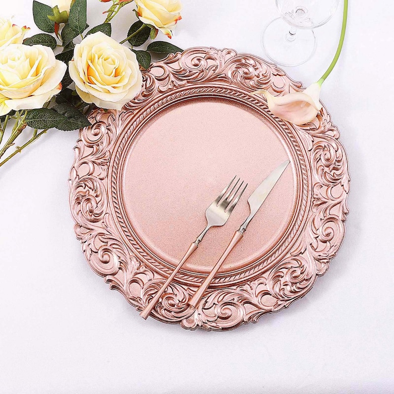 Set of 6 - 14inch Metallic Rose Gold Plastic Charger Plates, Plate Chargers, Round Charger Plates, Dining & Serving, Engraved Baroque Design