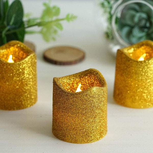 12 Pack Gold Glitter LED Flameless Candles, Battery Operated Votive Candles, Tealight Candles, Dripless Candles