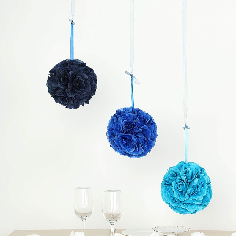 2 Pack | 7inch Royal Blue Flower Ball, Rose Kissing Balls, Hanging Pomander, Flower Girl Bouquet, Silk Rose Ball, Wedding Centerpiece