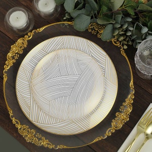 10 Pack | 10&quot; White And Gold Wave Brush Stroked Plastic Dinner Plates, Disposable Party Plates, Modern Dinnerware, Dinner Party Decor