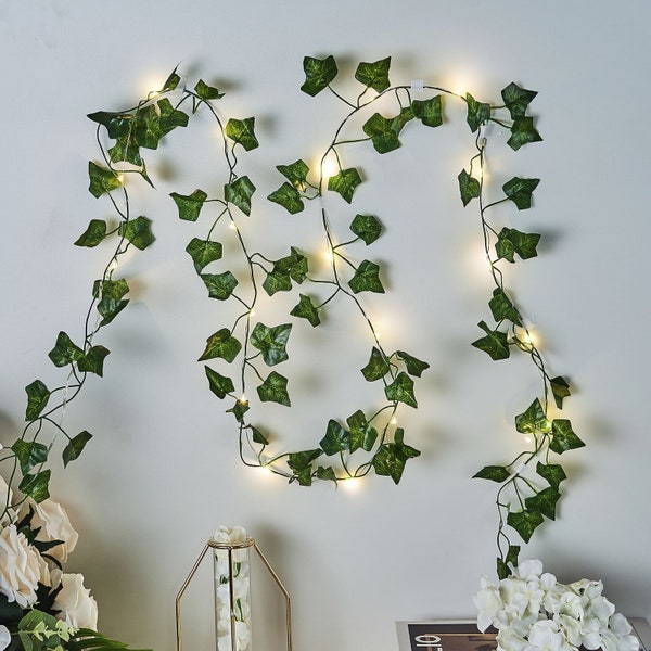7ft | Artificial Green Ivy Leaf Garland Lights, Fairy Lights, Battery Operated Lights, Indoor String Lights, LED Garland Lights - Warm White