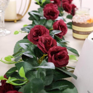 6 FT Burgundy Rose Garland with Leaves, Artificial Rose Vine Floral Garland, Silk Roses Wedding Archway Flowers Decor - 20 Roses