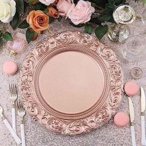 Set of 6 - 14" Metallic Rose Gold Plastic Charger Plates, Plate Chargers, Round Charger Plates, Dining & Serving, Engraved Baroque Design