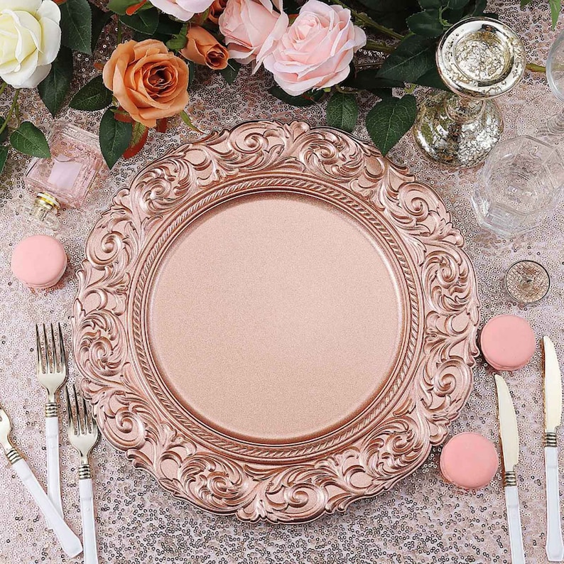 Set of 6 - 14inch Metallic Rose Gold Plastic Charger Plates, Plate Chargers, Round Charger Plates, Dining & Serving, Engraved Baroque Design