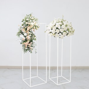 2 Pack - 40" Tall Glossy White Metal Flower Stand, Wedding Flower Frame, Geometric Centerpiece Column Stand For Wedding, Party, Table Decor