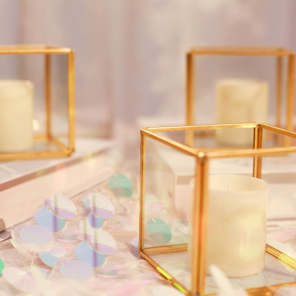 Set of 3 | 3"x3" Clear Glass Gold Metal Frame Tealight Candle Holders - Stackable