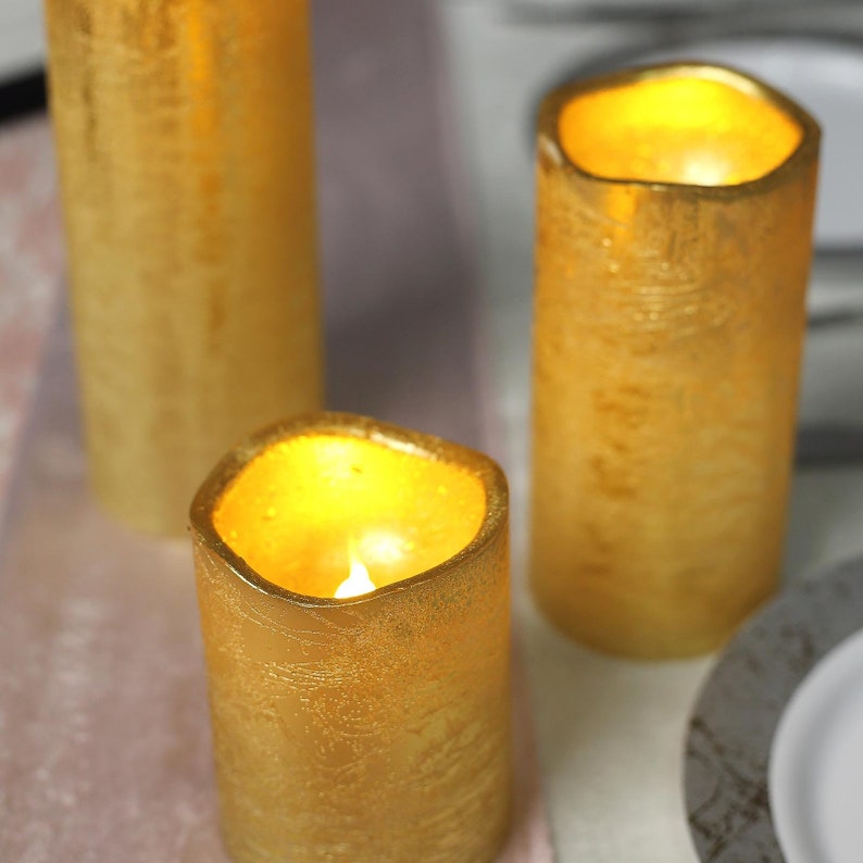 Metallic Gold Flameless Pillar Candles Candle Pillars With Etsy
