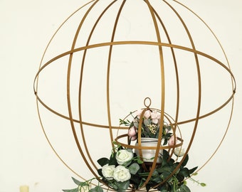 24" Gold Wrought Iron Folding Sphere Round Hoop Centerpiece or Hanging Arrangements, Floral Sphere, Metal Geometric Hanging Vase Holder