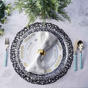 6 Pack | Black Decorative Woven Vinyl Placemats, Non-Slip Table Mats For Dining - Round 15&quot;