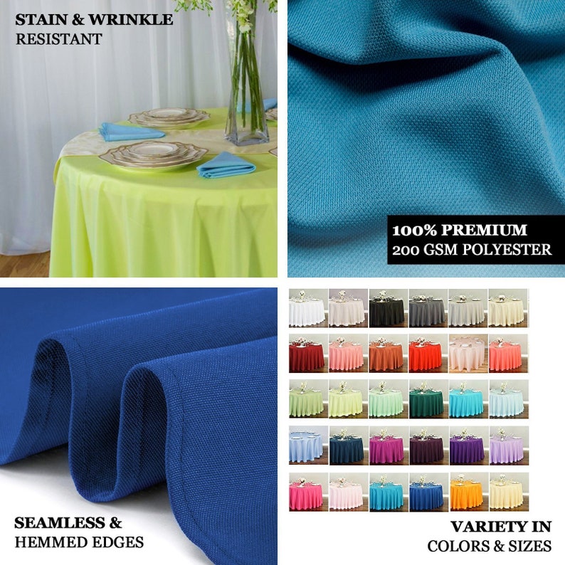 Op de afbeelding: Een verscheidenheid aan ronde tafelkleden in verschillende kleuren en maten. De tafelkleden zijn gemaakt van 100% premium 200 GSM polyester en zijn vlek- en kreukbestendig. Ze hebben naadloze en gezoomde randen.