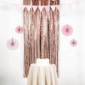 8FT Metallic Tinsel Foil Fringe Curtain, Party Photo Booth Backdrop Wedding Décor Baby Shower - Blush | Rose Gold