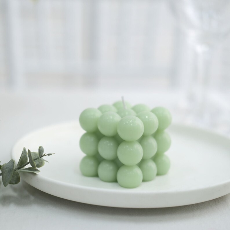 2 Pack | 2" Sage Green Bubble Cube Decorative Paraffin Wax Candle Set, Unscented Long Burning Pillar Candle Gift