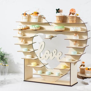 26&quot; 8 Layer Natural Wooden Cupcake Stand, Double Sided Dessert Display Stand, Heart Shaped Cake Stand, Mini Cupcake Shelf Rack, Table Stand