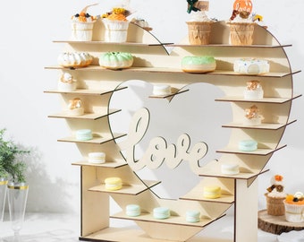 26" 8 Layer Natural Wooden Cupcake Stand, Double Sided Dessert Display Stand, Heart Shaped Cake Stand, Mini Cupcake Shelf Rack, Table Stand