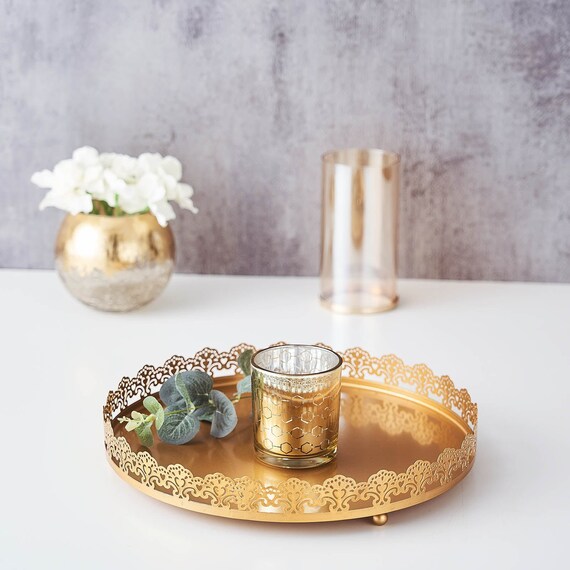 12 Premium Metal Decorative Serving Tray Gold Round With