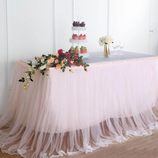 17 FT Tulle Tutu Table Skirt, 48" Two Layered Extra Long Floating Satin & Tulle Table Skirt, Table Tutu - Blush/Rose Gold | White