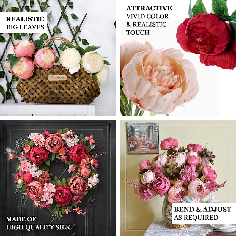 10inch Real Touch Beige Peonies Bunch Bridal Bouquet, Silk Artificial Peony Flowers Wedding Bridal Bouquet