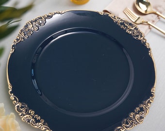 6 Pack | Navy Blue Baroque Charger Plates, Antique Leaf Embossed Gold Rim - 13" Round