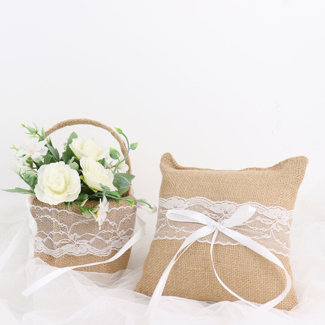 1 Set | Natural Burlap & Lace Flower Girl Petal Basket Ring Bearer ...