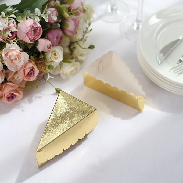 10 Pack | Gold Single Slice Triangular Cake Boxes With Scalloped Top, Party Favor Gift Box, Wedding Paper Box, Party Cake Boxes  4"X2.5"