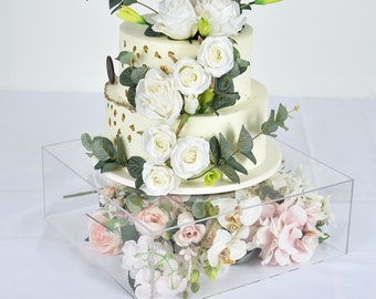 14"x14" | Clear Acrylic Cake Box Stand, Transparent Display Box Pedestal Riser with Hollow Bottom