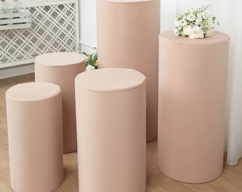 Juego de 5 / Cubiertas de cilindro de spandex marrón claro, soporte de caja de exhibición de zócalo Cubiertas de apoyo de pilar de pedestal estirable, cubiertas de telón de fondo de boda