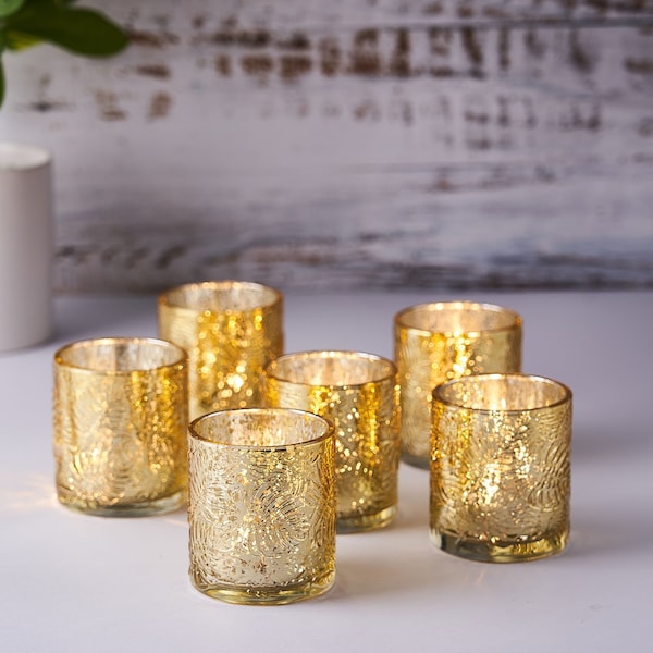 Mercury Glass Candle Holders, Votive Tealight Holders Candle Holder For Wedding Centerpieces - 6 Pack | Gold Palm Leaf Design