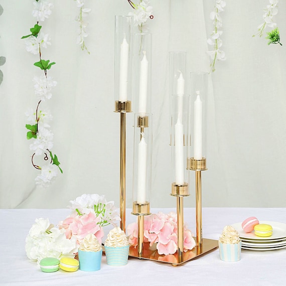 6 Arms Candelabra With Glass Shades Large Candle Arrangement Metal Candle Holder Wedding Centerpiece 24