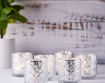 6 Pack | Antique Mercury Glass Candle Holders, Votive Tealight Holders, Candle Holder For Wedding Centerpieces - Silver | Geometric Design