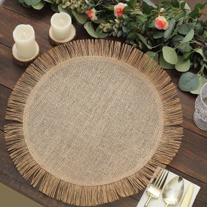 4 Pack | 16" Natural Jute Boho Chic Fringe Edge Table Placemats, Rustic Farmhouse Burlap Tassel Dining Table Mats